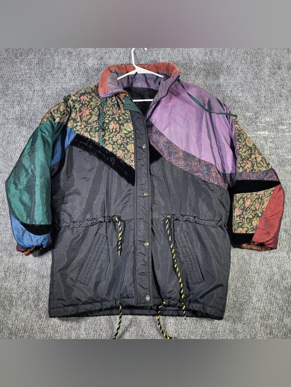 Vtg Liz Thomas 80s 90s Patchwork Colorblock Puffer Jacket Floral Velvet Women M